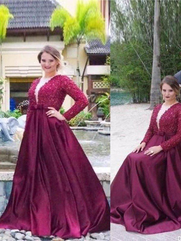 A-Line V-neck Long Sleeves Beading Plus Size Prom Dresses PDF38