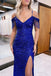 Sparkly Royal Blue Off the Shoulder Sequins Sheath V Neck Prom Dress with Fringes OM0373