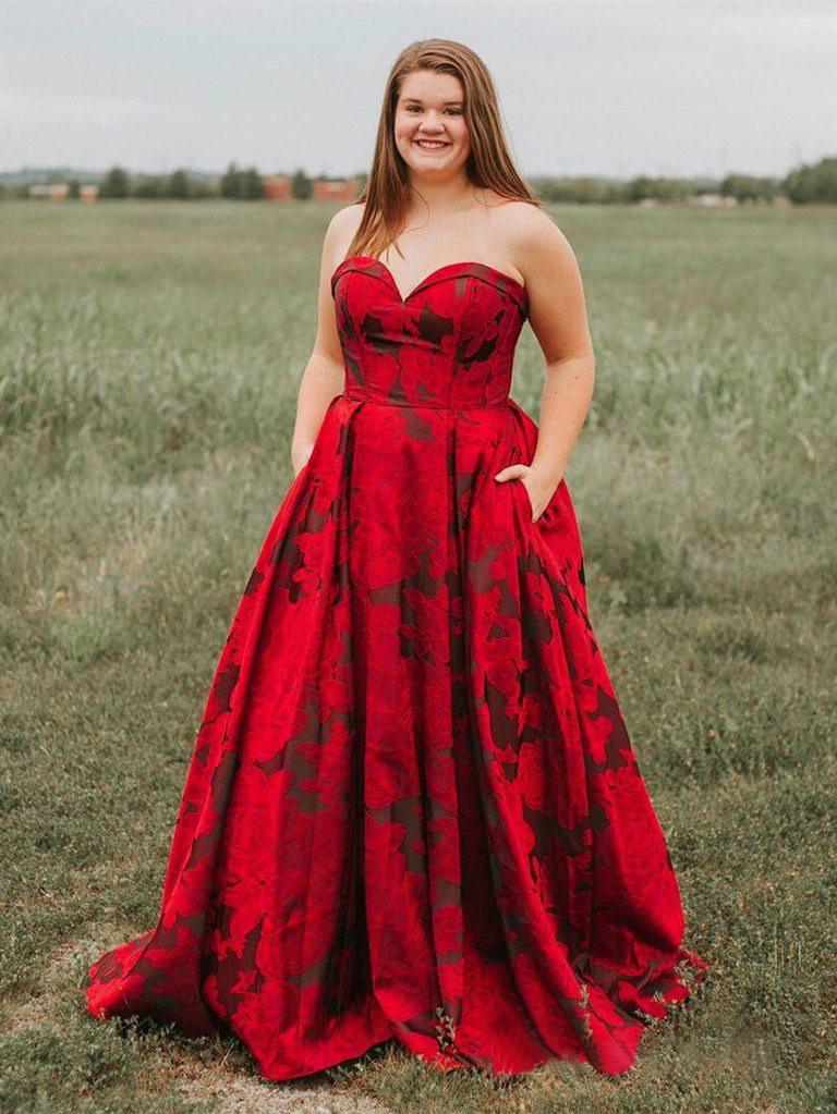 New Arrival Burgundy Sweetheart Floral Long Plus Size Prom Dresses with Pockets PDH67