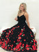 A-Line Spaghetti Straps Black Sweep Train A Line Prom Dress with Flowers PDI74