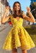 Unique A Line Lace Yellow V Neck Straps Short Prom Dresses, Homecoming Dresses HD50