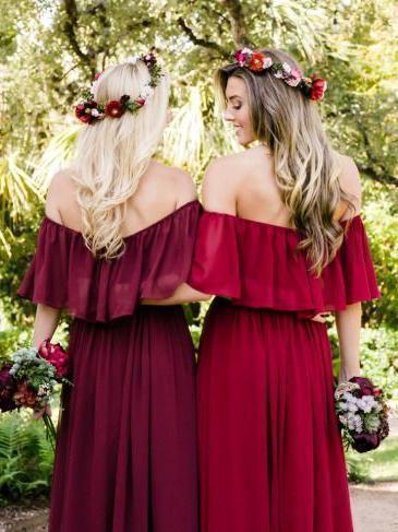 Off the Shoulder Burgundy Bridesmaid Dresses Cheap Long Bridesmaid Dress PDO23