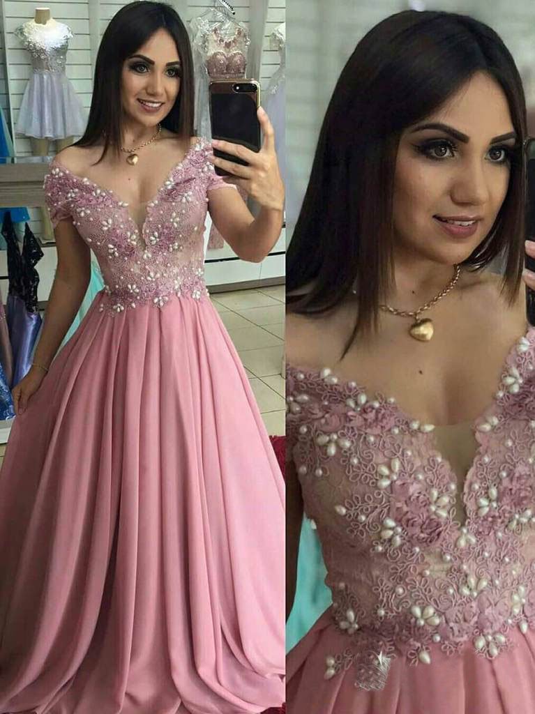 Off the Shoulder Dusty Rose Long Prom Dresses Pearl Lace Formal Dress PDO98