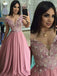 Off the Shoulder Dusty Rose Long Prom Dresses Pearl Lace Formal Dress PDO98