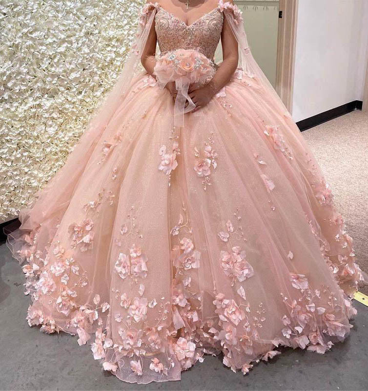 Ball Gown Pink 3D Flowers Off The Shoulder Quinceanera Dresses, Sweet 16 Dresses OM0309