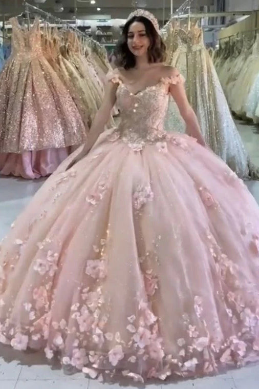 Ball Gown Pink 3D Flowers Off The Shoulder Quinceanera Dresses, Sweet 16 Dresses OM0309
