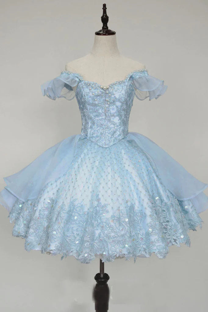 Puffy Pink Lace Homecoming Gowns With Beading, Off The Shoulder Hoco Dress OMH0258