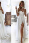 Simple A line Chiffon Ivory Sweetheart Off the Shoulder Wedding Dresses with Slit OW0019