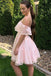 Light Pink Off The Shoulder Short Lace Homecoming Dress, Cute A line Prom Gowns OMH0230