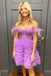Off the Shoulder Lavender Tulle Beads Tiered Short Homecoming Dress, Mini Party Dress OMH0252