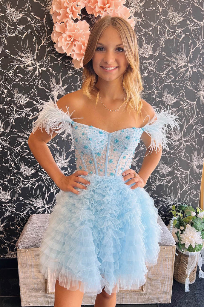 Off the Shoulder Lavender Tulle Beads Tiered Short Homecoming Dress, Mini Party Dress OMH0252