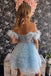 Off the Shoulder Lavender Tulle Beads Tiered Short Homecoming Dress, Mini Party Dress OMH0252