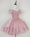Puffy Pink Lace Homecoming Gowns With Beading, Off The Shoulder Hoco Dress OMH0258