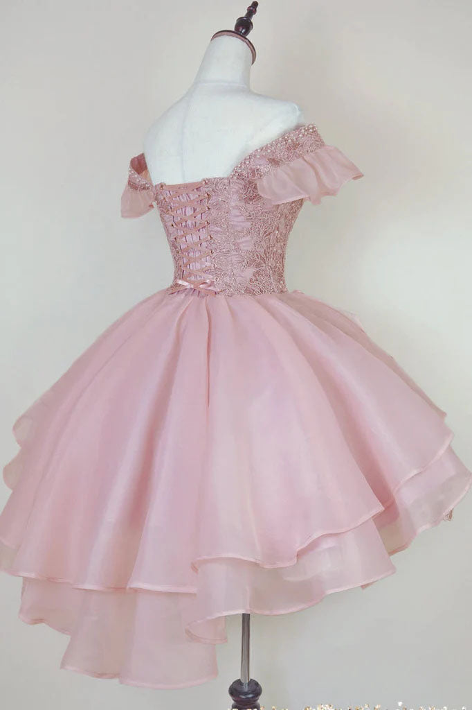 Puffy Pink Lace Homecoming Gowns With Beading, Off The Shoulder Hoco Dress OMH0258