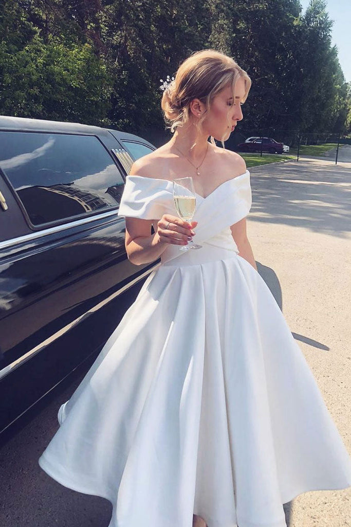 Simple A line Off the Shoulder Satin Off White Short Prom Dress, Homecoming Dress OMH0042