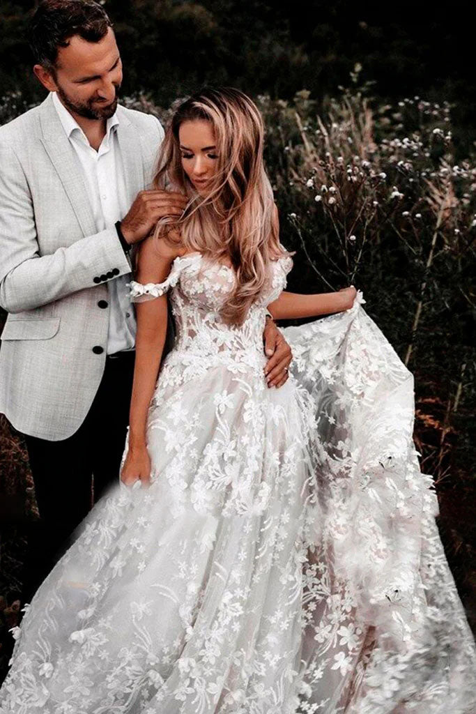 A Line Off The Shoulder Lace Appplique Beach Wedding Dress with Tulle, Bridal Dress OW0097