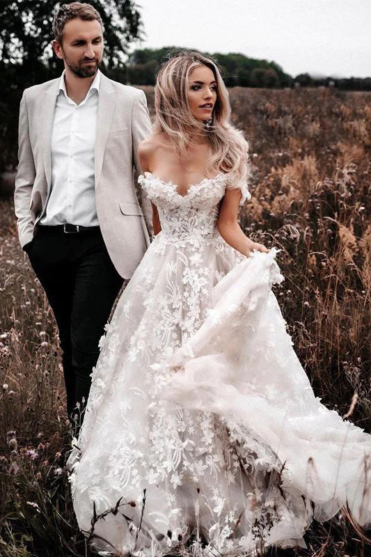 A Line Off The Shoulder Lace Appplique Beach Wedding Dress with Tulle, Bridal Dress OW0097