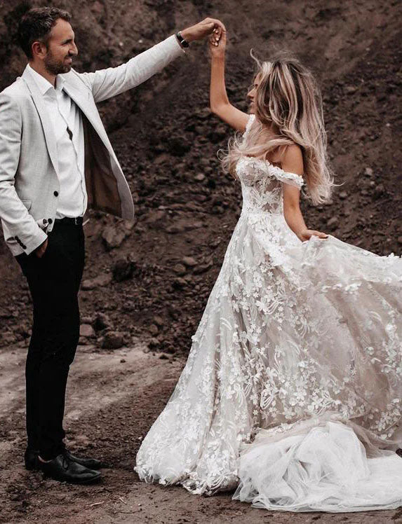 A Line Off The Shoulder Lace Appplique Beach Wedding Dress with Tulle, Bridal Dress OW0097
