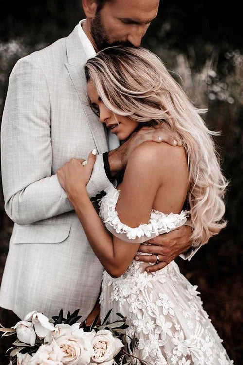 A Line Off The Shoulder Lace Appplique Beach Wedding Dress with Tulle, Bridal Dress OW0097