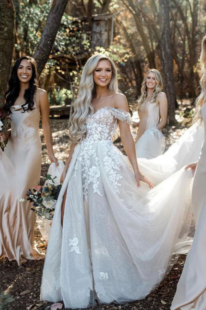 Rustic A Line Off The Shoulder Lace Appliques High Split Wedding Dress Bohemain Bridal Dress OW0102