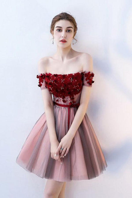 A Line Tulle Red Off the Shoulder Homecoming Dress with Appliques Flowers Mini Dress OMH0139