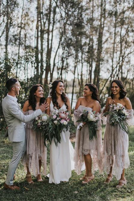 A-Line Off-the-Shoulder 3/4 Sleeves Asymmetry Blush Lace Bridesmaid Dress PDR94