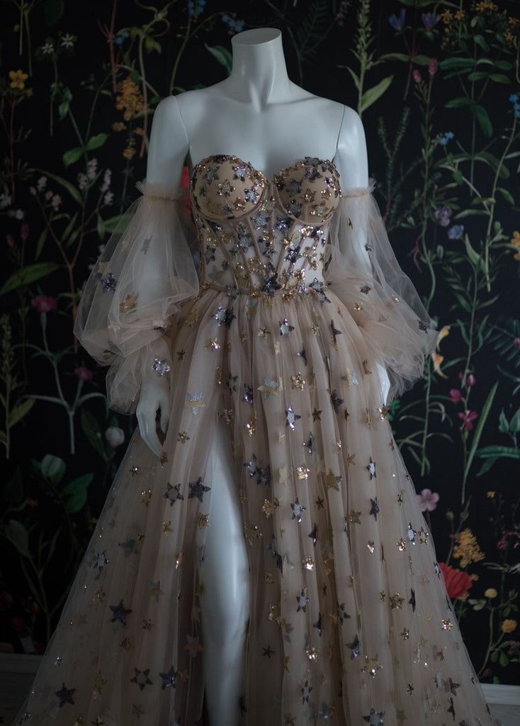 Elegant A line Sweetheart Bubble Sleeves Tulle Prom Dresses with Stars, Formal Dresses OM0095