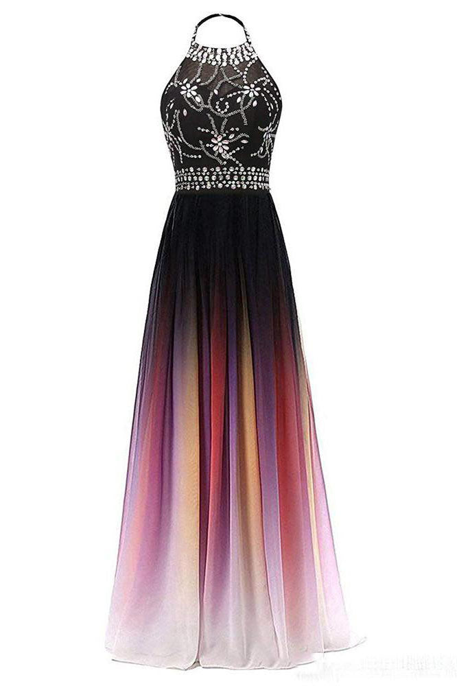 Halter Chiffon Backless Ombre Prom Dresses, Gradient Evening Dress With Beading OM0121
