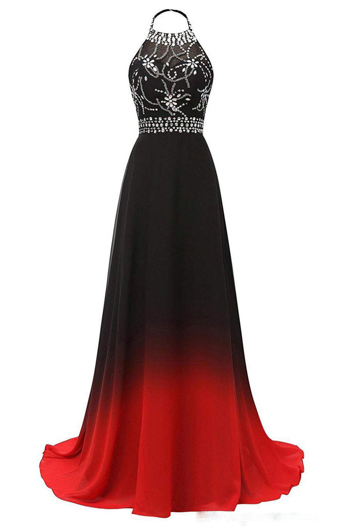 Halter Chiffon Backless Ombre Prom Dresses, Gradient Evening Dress With Beading OM0121