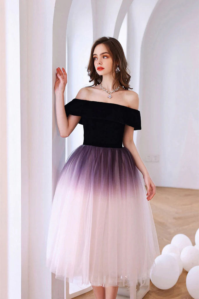 Simple A Line Off the Shoulder Ombre Tulle Short Prom Dress, Homecoming Dresses OMH0188