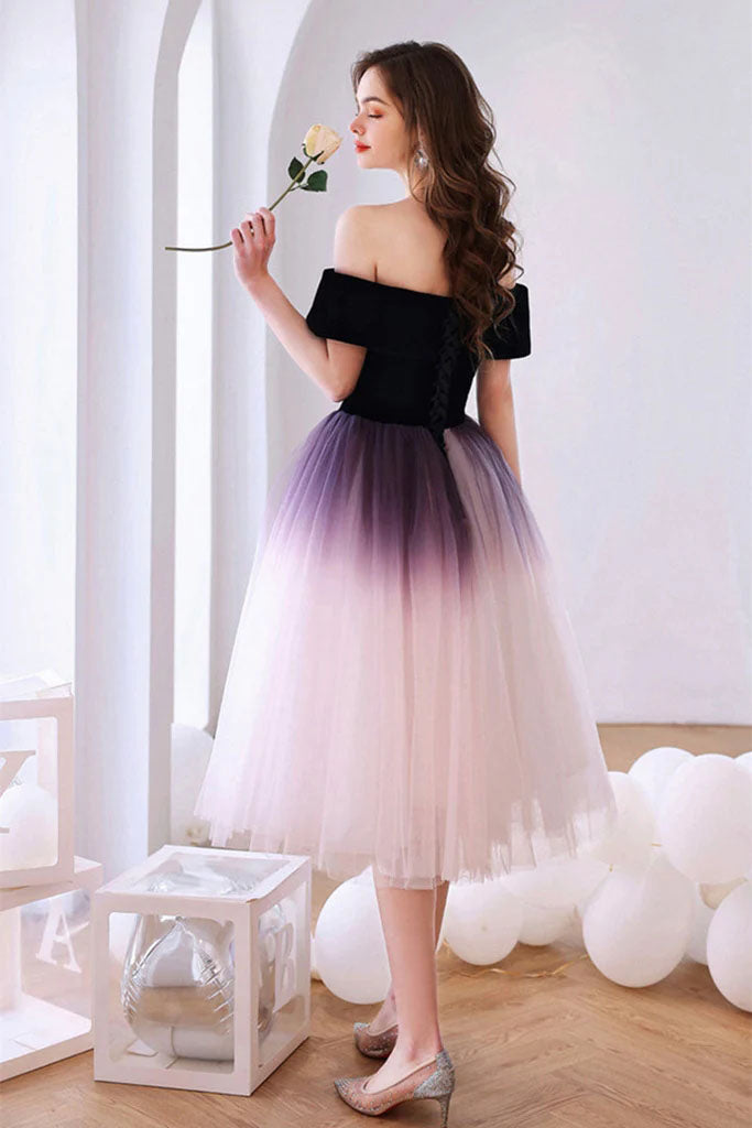 Simple A Line Off the Shoulder Ombre Tulle Short Prom Dress, Homecoming Dresses OMH0188