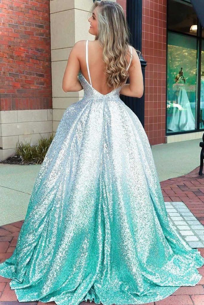 Ombre Sequin Green Deep V neck Spaghetti Straps Long Prom Dresses with Backless OM0074