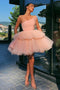 A line One Shoulder Pink Tulle Cocktail Dresses with Layers Skirt, Homecoming Dress OMH0016