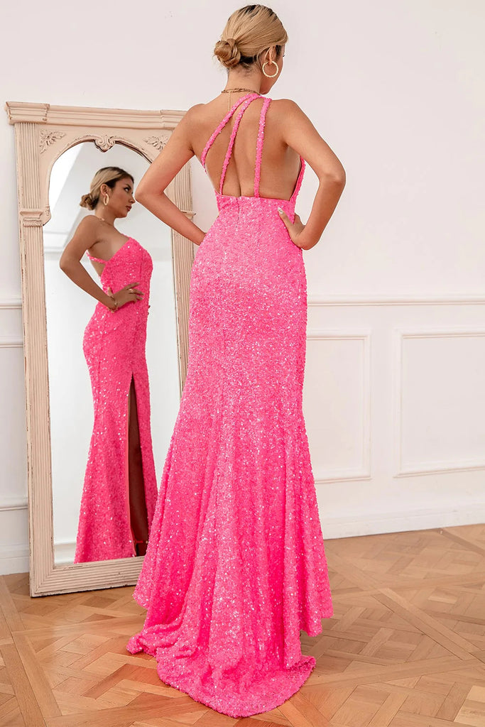 Clitter One Shoulder Mermaid Hot Pink Sequins Long Prom Dress with Slit, Evening Dress OM0262
