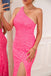 Clitter One Shoulder Mermaid Hot Pink Sequins Long Prom Dress with Slit, Evening Dress OM0262