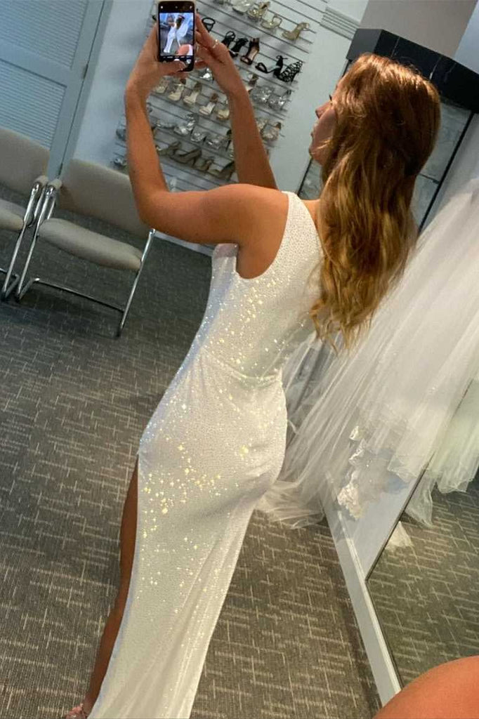 One Shoulder Mermaid Side Slit Prom Dresses, Shiny White Formal Evening Dresses OM0068