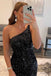Black Sequins One Shoulder Sheath Backless Homecoming Dresses, Mini Cocktail Dress OMH0159