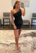 Black Sequins One Shoulder Sheath Backless Homecoming Dresses, Mini Cocktail Dress OMH0159