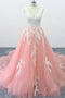 A-line V Neck Pink Tulle Lace Appliques Cathedral Train Formal Prom Dress PDS2