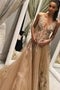 A Line Tulle Long Appliques Deep V Neck Prom Dress With Beading PDF66