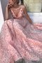 Pink Floral A Line Lace Long V Neck Spaghetti Strap V Neck Formal Prom Dress PDH68