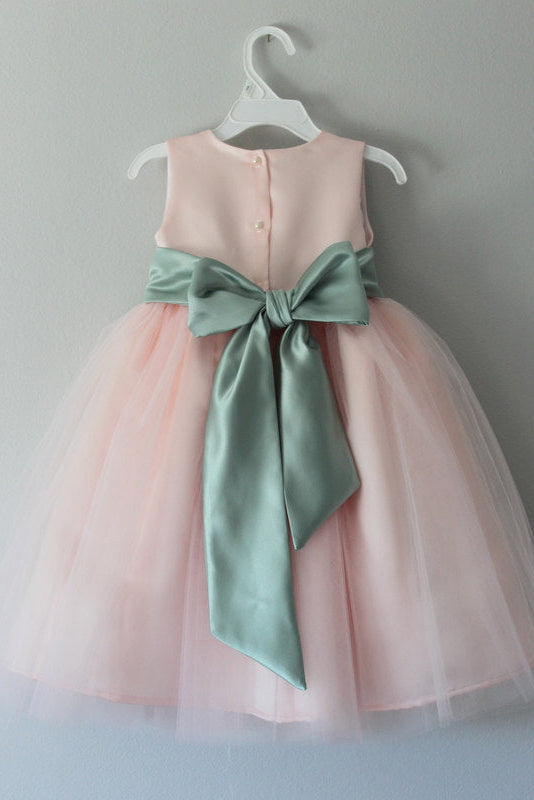 Princess Blush Pink Tulle Round Neck Flower Girl Dresses with Appliques, Cute Girl Dress OMF0003