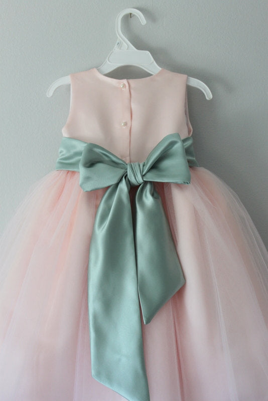 Princess Blush Pink Tulle Round Neck Flower Girl Dresses with Appliques, Cute Girl Dress OMF0003