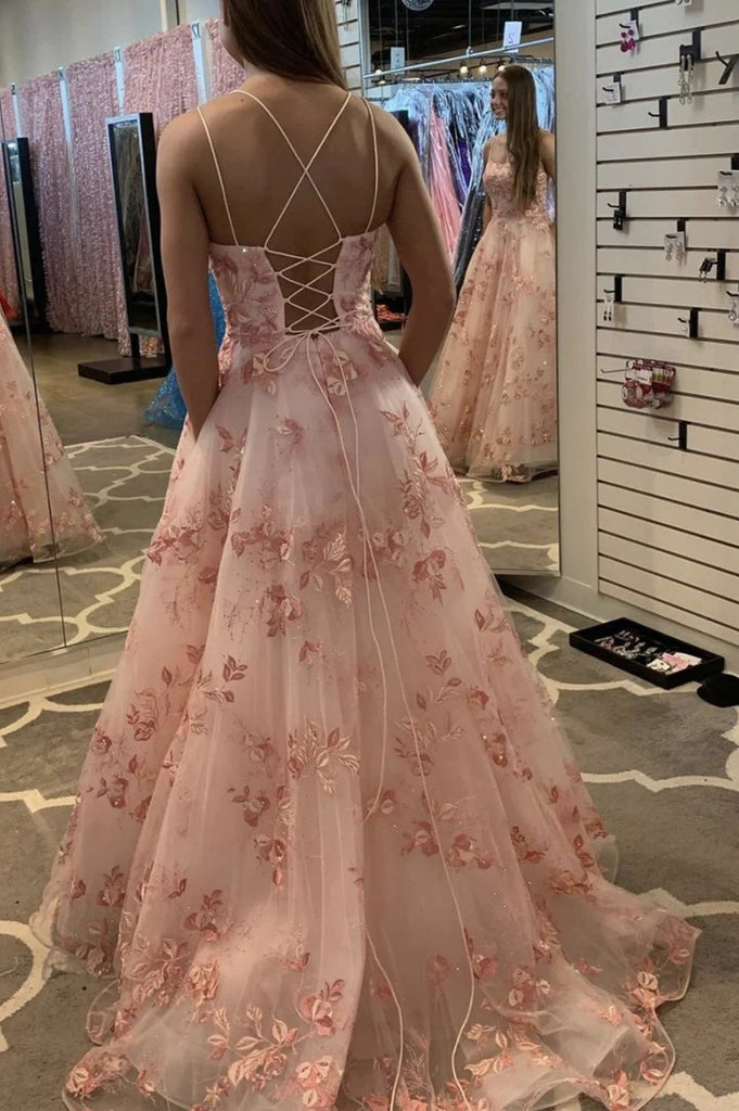 A Line Pink Spaghetti Straps Lace Appliques Long Prom Dresses, Tulle Evening Dress OM0313