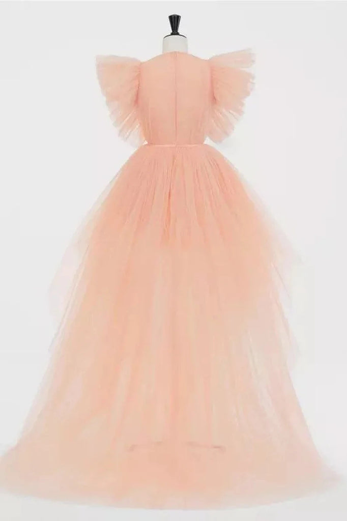 Pretty Tulle V-Neck Ruffles Pink Long Prom Dresses High Low Party Homecoming Dress OMH0153