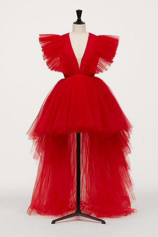 Pretty Tulle V-Neck Ruffles Pink Long Prom Dresses High Low Party Homecoming Dress OMH0153