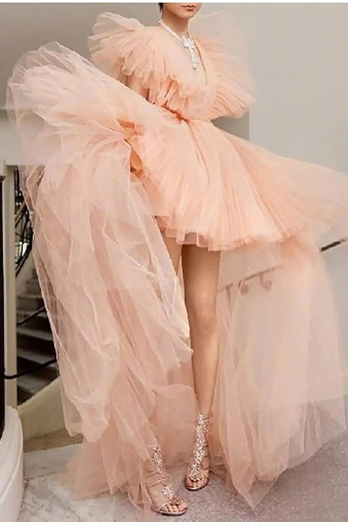 Pretty Tulle V-Neck Ruffles Pink Long Prom Dresses High Low Party Homecoming Dress OMH0153
