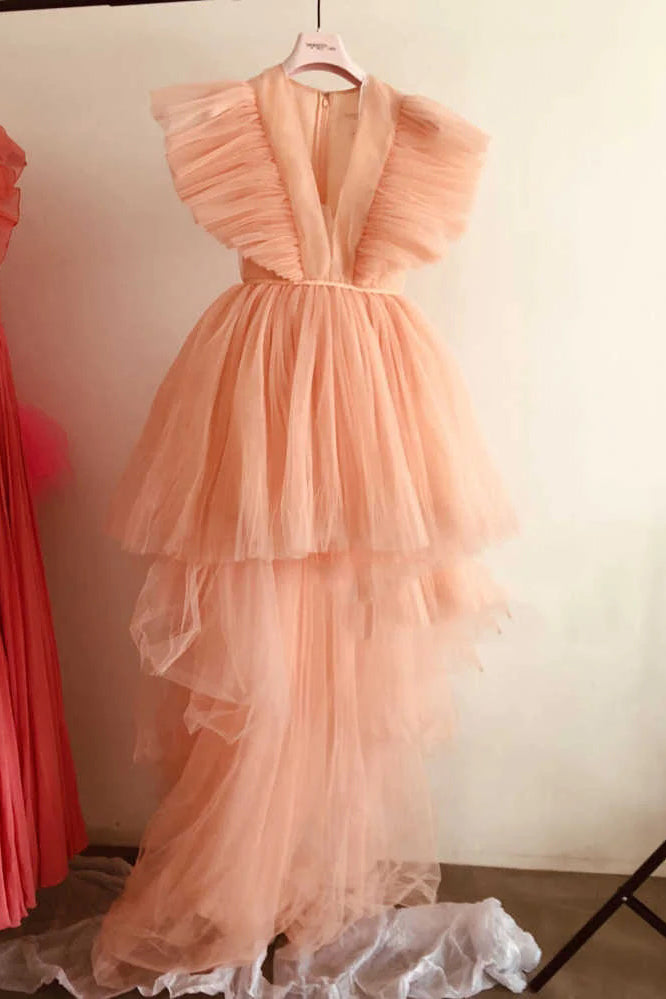 Pretty Tulle V-Neck Ruffles Pink Long Prom Dresses High Low Party Homecoming Dress OMH0153
