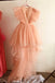 Pretty Tulle V-Neck Ruffles Pink Long Prom Dresses High Low Party Homecoming Dress OMH0153