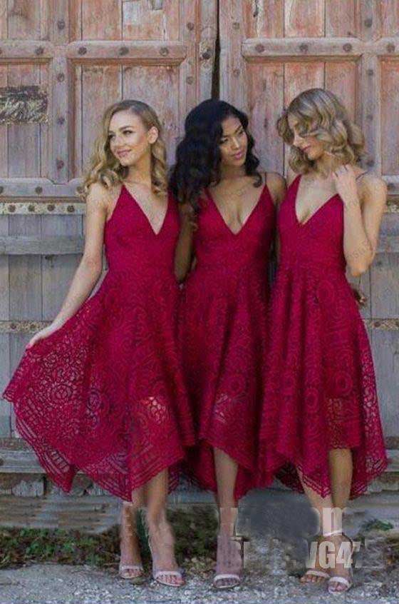A line Deep V Neck Lace Spaghetti Straps Asymmetrical Bridesmaid Dresses OB0003